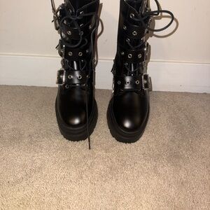 Bershka Black Combat Boots with Buckle Accents